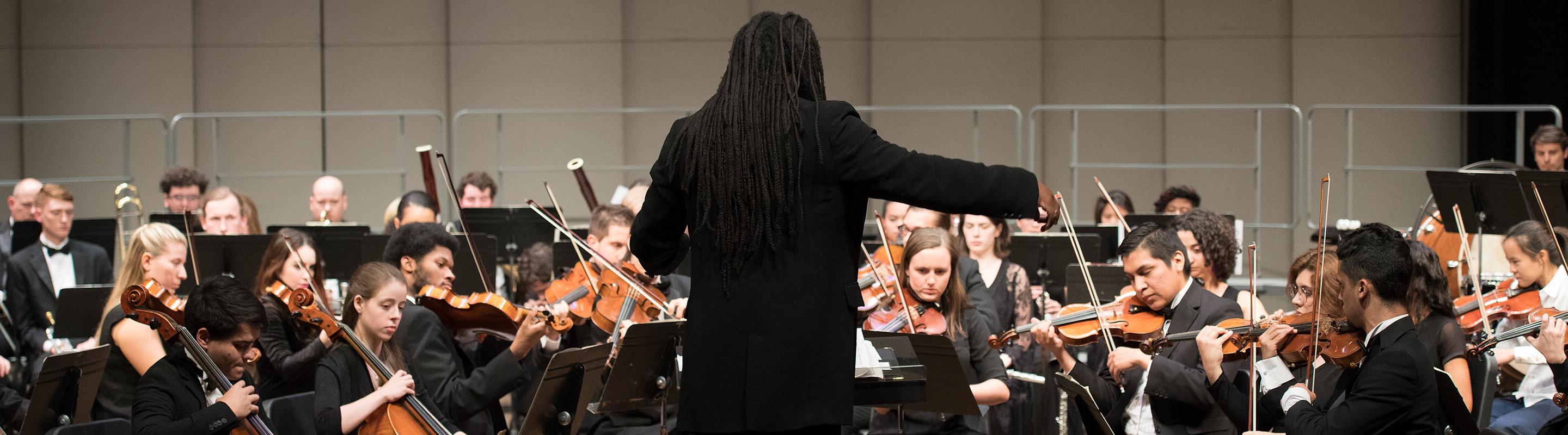 Conductor with back to the camera and orchestra playing